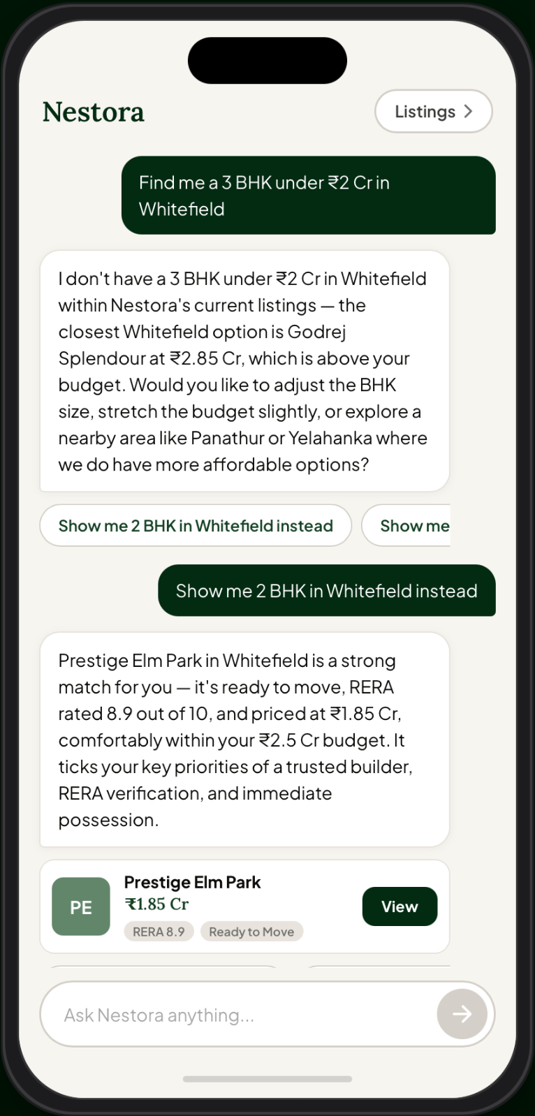 Nestora chat: a buyer asks for a 3 BHK under ₹2 Cr in Whitefield; Nestora replies that there is no exact match, names the closest listing, and offers &ldquo;Show me 2 BHK in Whitefield instead&rdquo;