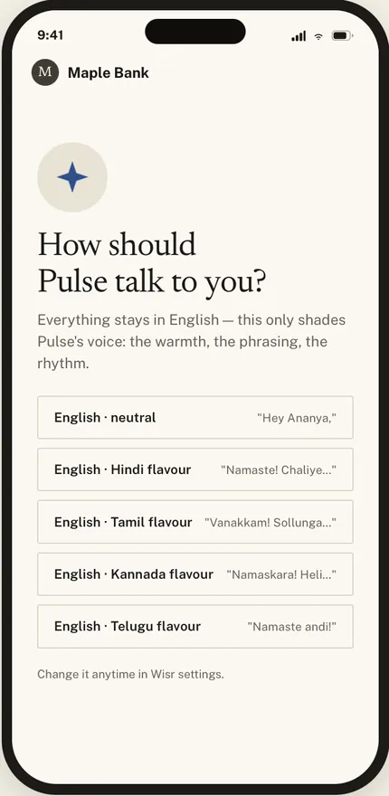 Wisr voice picker: &ldquo;How should Pulse talk to you?&rdquo; with five options &mdash; English neutral, and Hindi, Tamil, Kannada and Telugu flavours