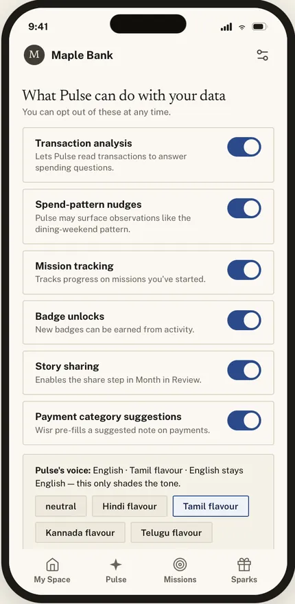 Permissions screen &ldquo;What Pulse can do with your data&rdquo;: six toggles including transaction analysis, spend-pattern nudges and mission tracking