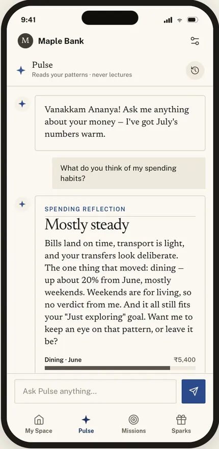 Pulse chat: a reflection titled &ldquo;Mostly steady&rdquo; noting that dining spend is up about 20% from June, ending on a question