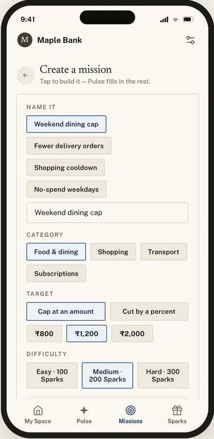 Create a mission screen: name, category, target and difficulty choices, with Easy 100, Medium 200 and Hard 300 Sparks